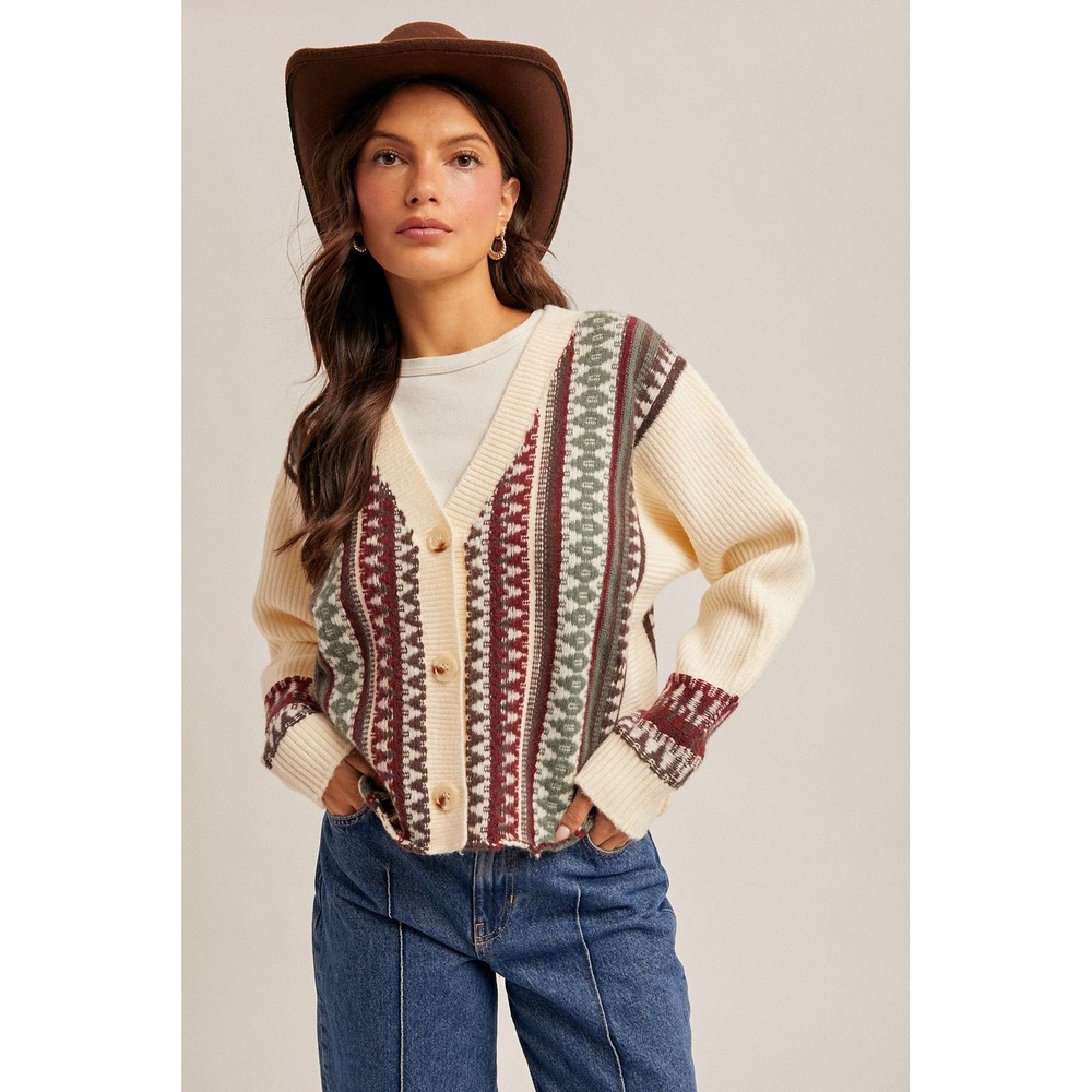 Hem & Thread Ethnic Motif Cardigan Sweater Ivory Burgundy Green Medium NEW